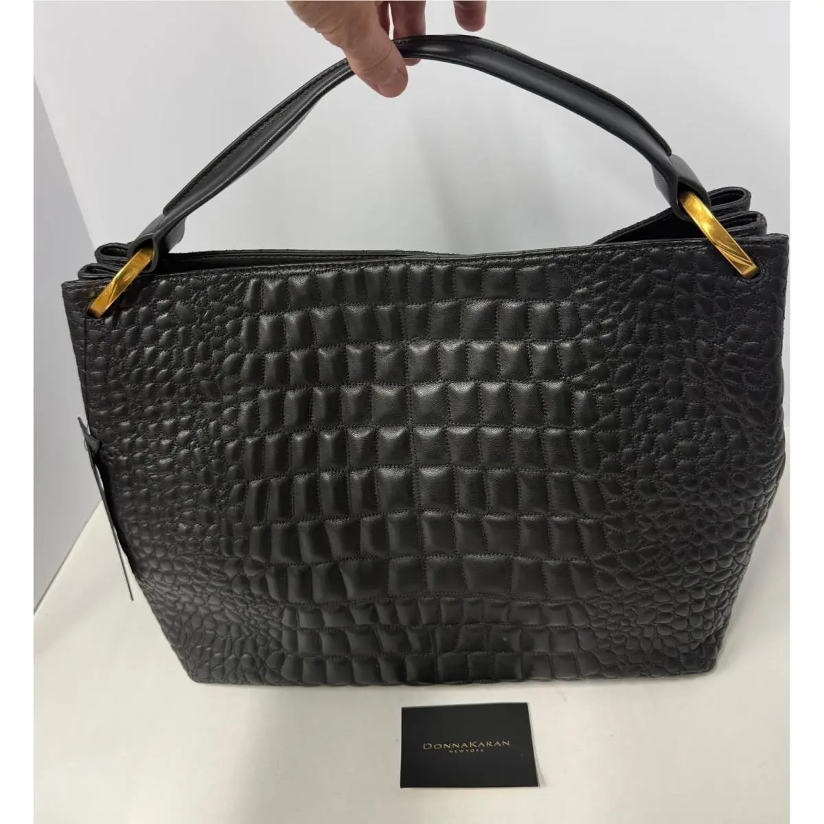 Donna Karan Glenwood Quilted Croc Shoulder Bag Black Leather Gold Hardware