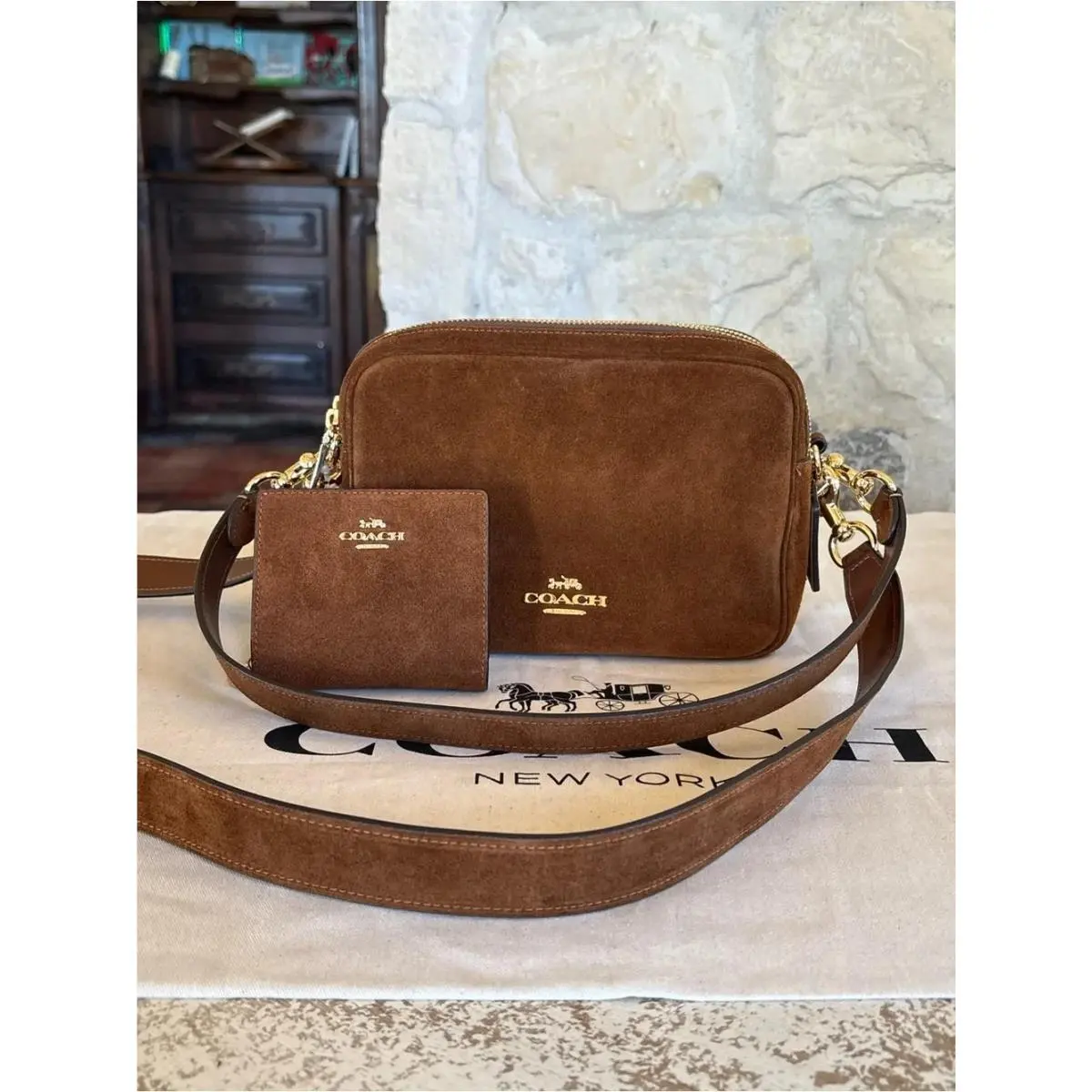 Coach Carey Crossbody Camera Bag/matching Card Case Wallet Suede Warm Brown