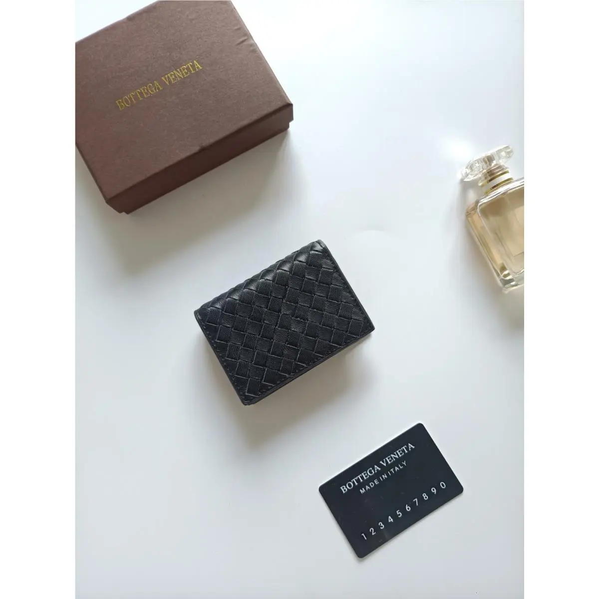 Bottega Veneta Intrecciato Lambskin Leather Bifold Card Holder Wallet Black