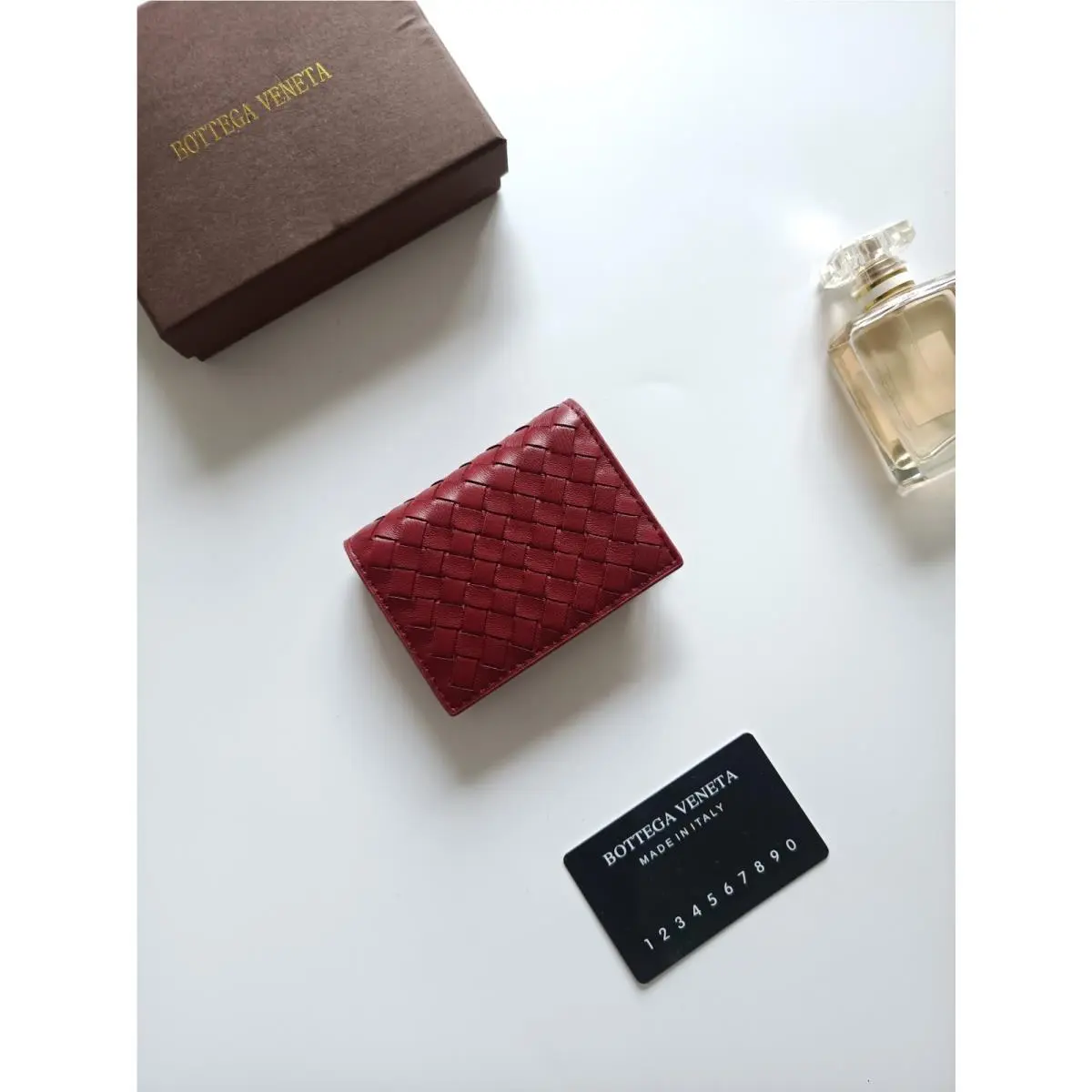 Bottega Veneta Intrecciato Lambskin Leather Bifold Card Holder Wallet Red