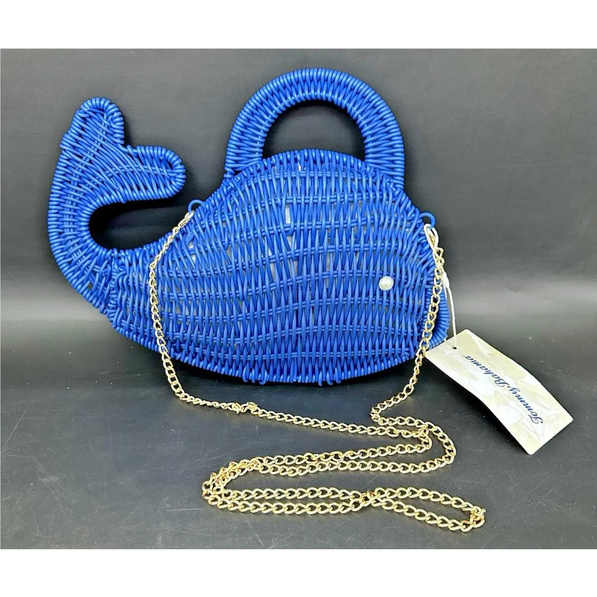 Tommy Bahama Nautical Wicker Woven Blue Whale Purse Clutch w/ Gold Strap