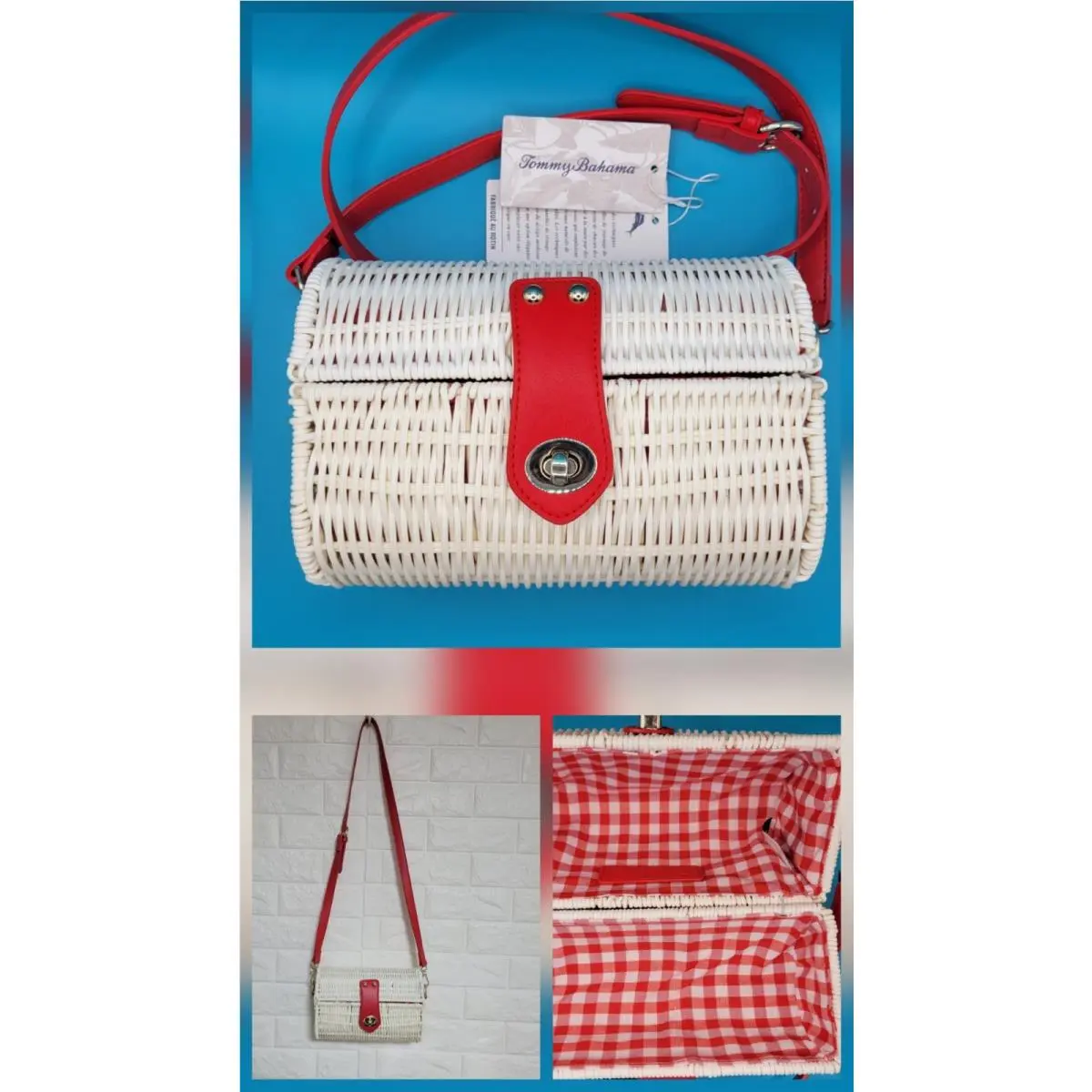 Tommy Bahama White Red Wicker Crossbody Shoulder Bag / Purse / Handbag