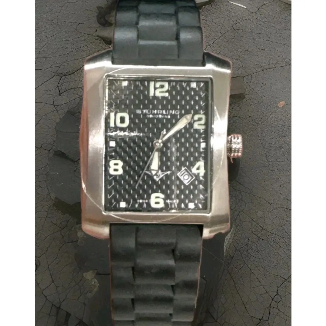 Men’s Stuhrling Silvertone Blackface Blacksilicone 32mm Quartz Watch by Stührling