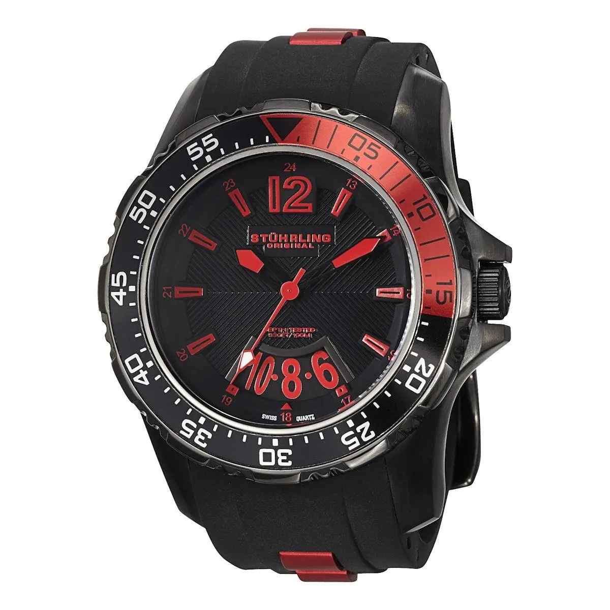 Stuhrling 1529 Bold Enterprise XT Big Date Red Black Rubber Strap Mens Watch by Stührling