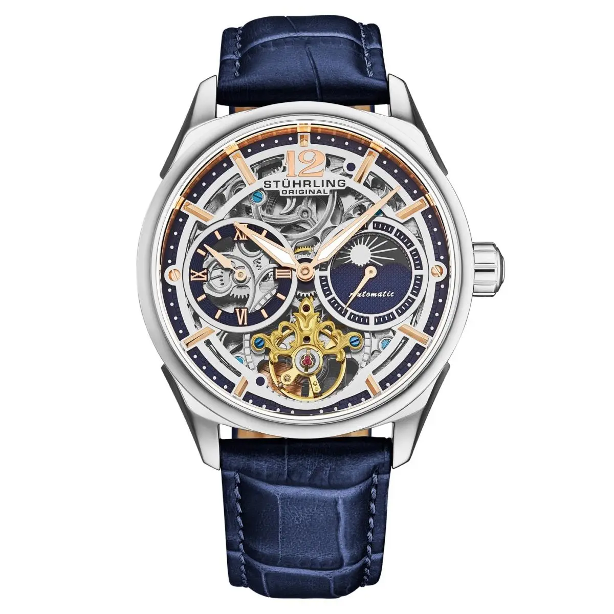 Stuhrling 1019 02 Vanguard Dual Time Automatic Blue Leather Strap Mens Watch by Stührling