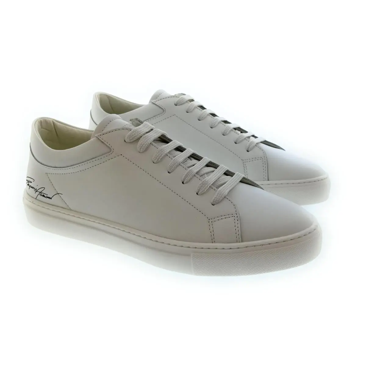Men`s White Signature-script Leather Sneakers by Emporio Armani