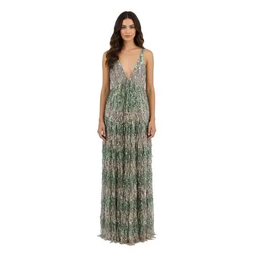 Grey and Green Sequin Embellished Deep-v Silk Evening Gown by Emporio Armani