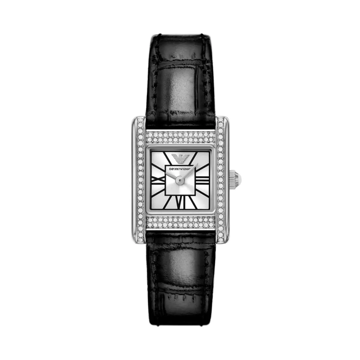 Women`s Two-hand Black Leather Watch Silver Glitz/black by Emporio Armani