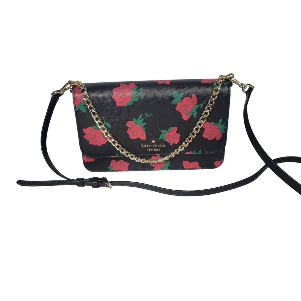 New York Rose Print Saffiano Leather Crossbody Bag Black Red Floral by Kate Spade
