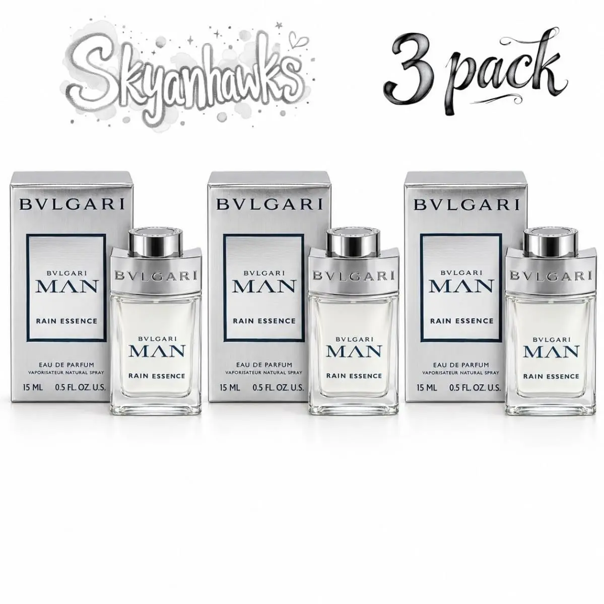 Pack OF 3  Man Rain Essence 0.50 Oz/15 ML Eau de Parfum Spray For Men by Bvlgari