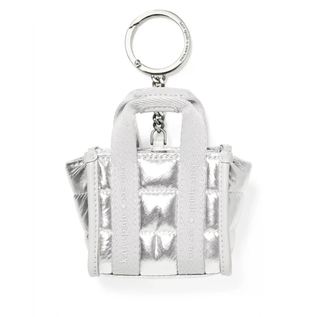 New  Kip Puffy Micro Bag Charm Key Fob Keychain Quilted Silver by Kate Spade