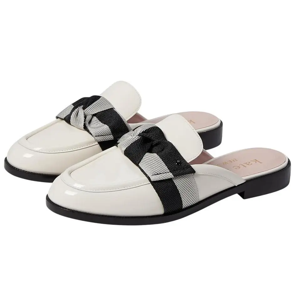 Womens Leandra Mule Loafer Size 9 Cream Patent Leather Twill Bow by Kate Spade