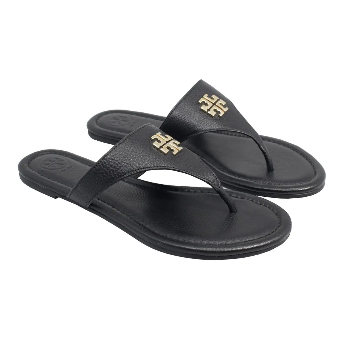 Tory Burch Jolie Flat Thong Tumbled Leather Sandal Shoes - Black - Black