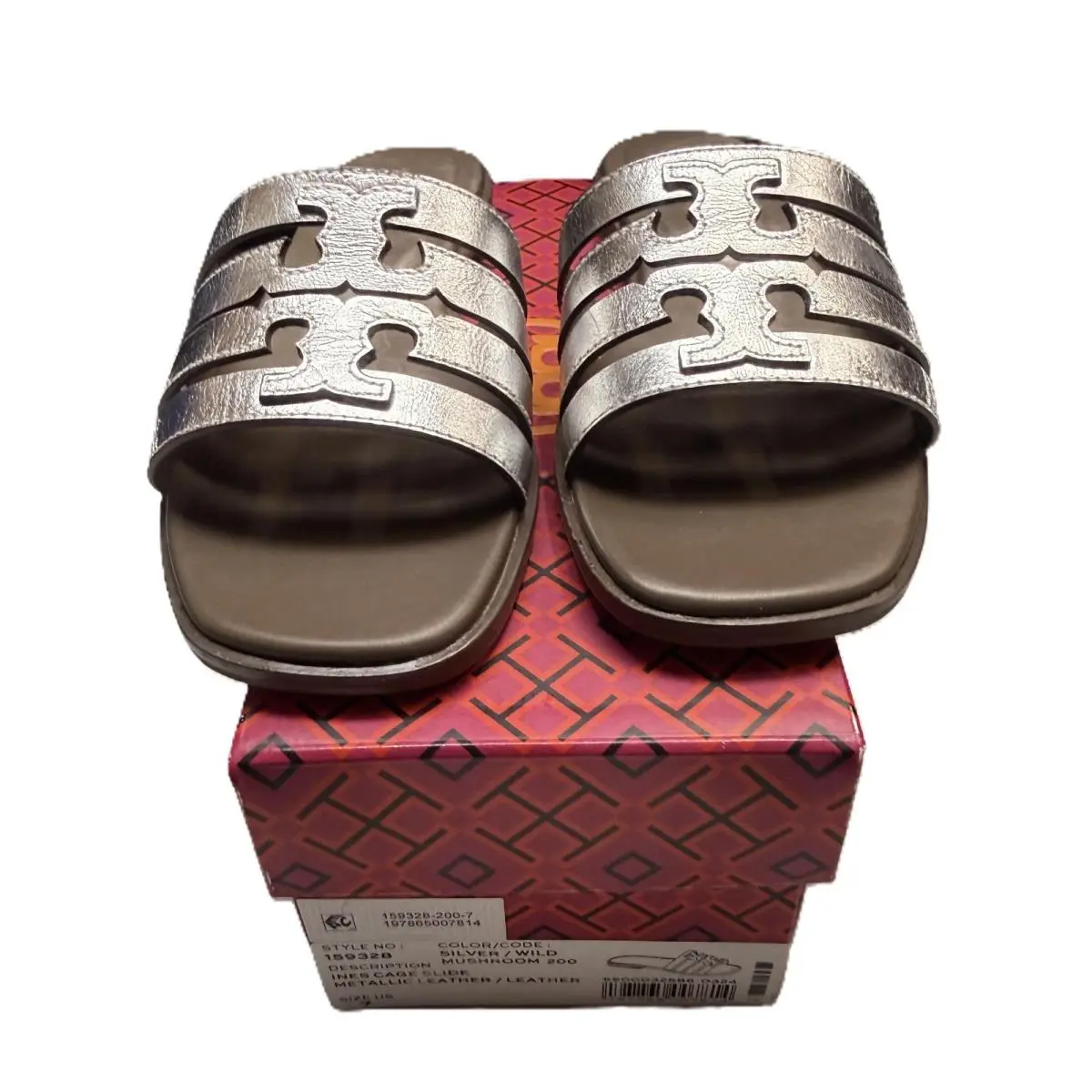Tory Burch Ines Cage Slide Women`s Metallic Leather Sandal Silver Size 7 - Silver