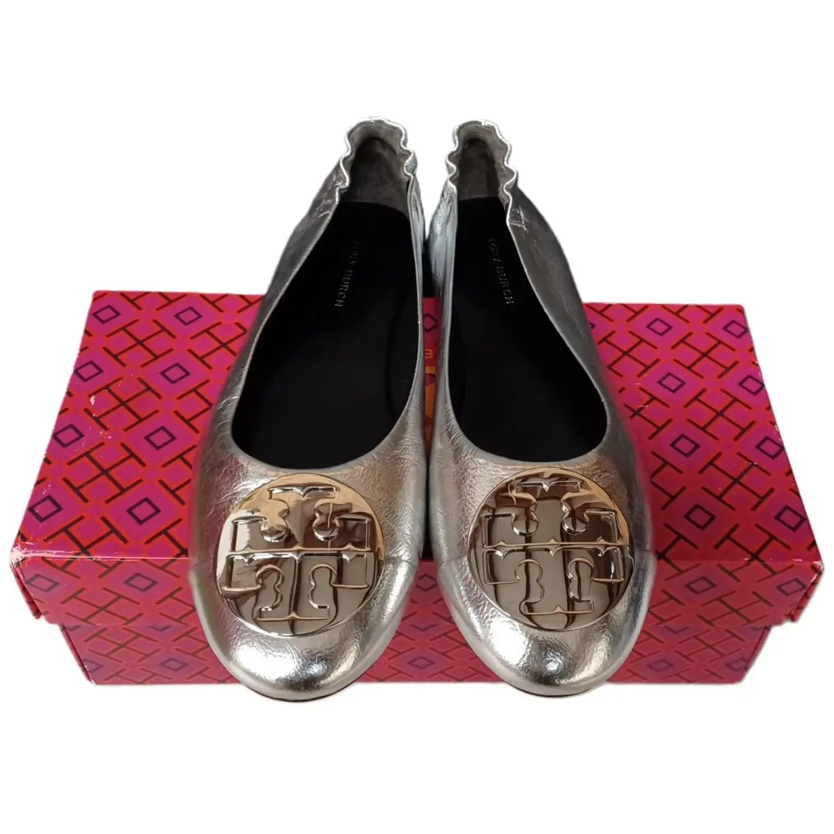 Tory Burch Silver Leather Ballet Flats Logo Women`s Silver Size 5.5 - Silver