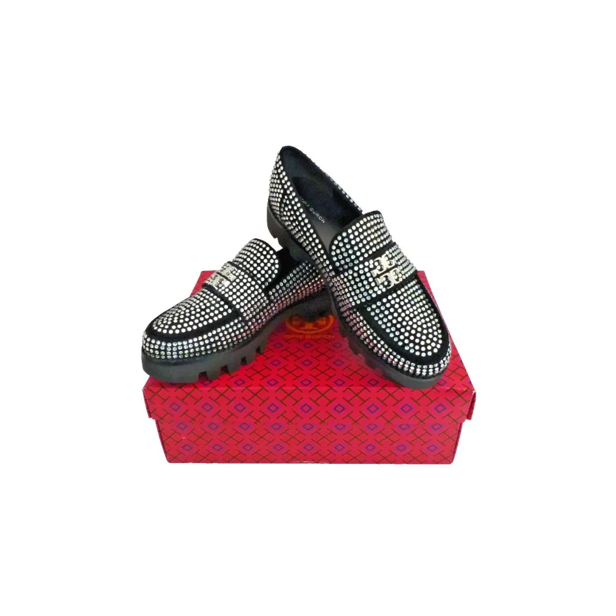 Tory Burch Chunky Loafer Mini Everly Black Suede Crystals Lug Sole Size 8.5B - Black