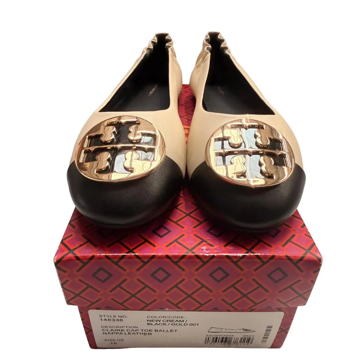 Tory Burch Women`s Claire Cap Toe Ballet Flats Cream/black/gold Size 10 - New Cream/Black/Gold