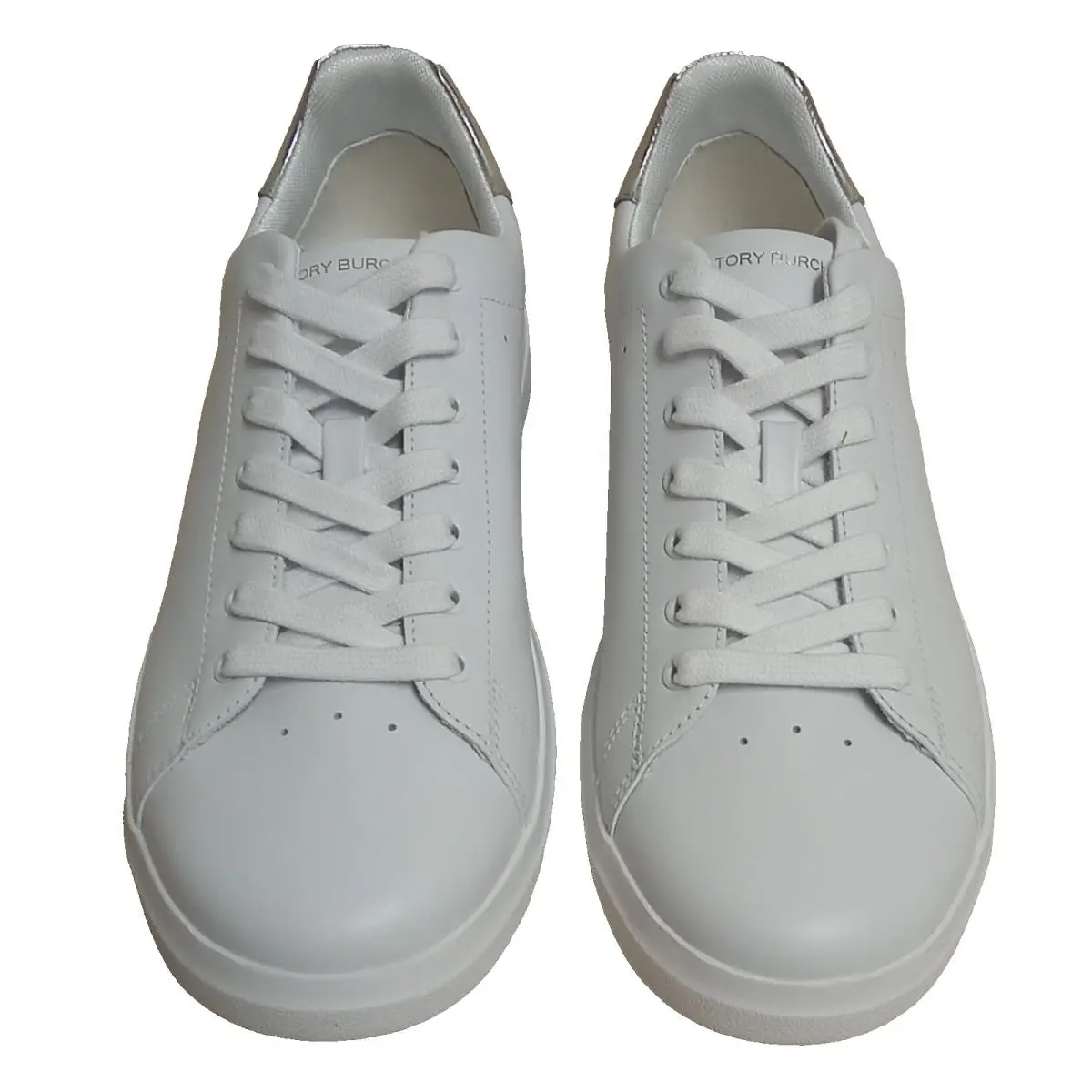 Tory Burch Women`s Howell Court Sneakers White with Silver Accents Size 10.5