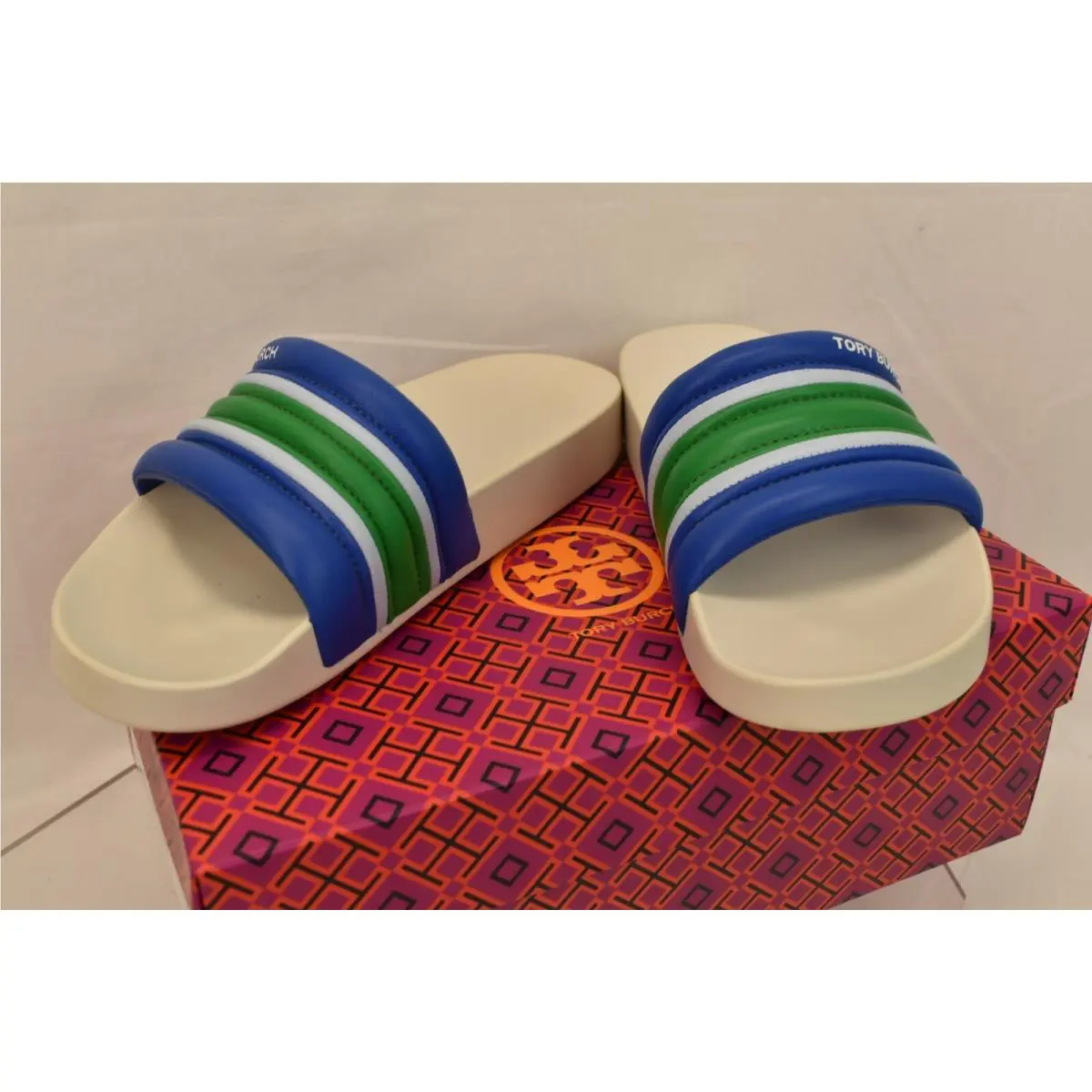 Tory Burch shoes - STRIPE SLIDES - STRIPE SLIDES - Light Blue/Green/Bondi Blue, Manufacturer: MULTICOLOR (UPC: 192485112740) 7
