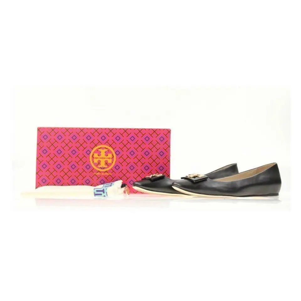 Tory Burch Black Soft Leather Gigi Gold T Buckle Reva Logo Ballet Flats 7.5 - Black