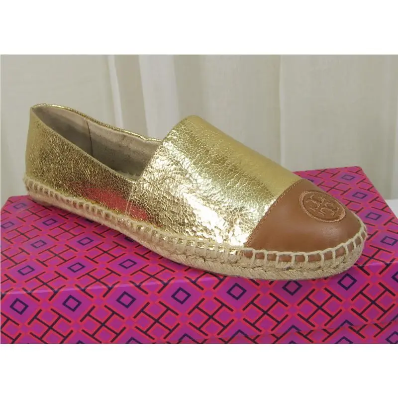Tory Burch shoes - Colorblock Logo Slip-On Leather Espadrille Flat - 51158648 - Gold/Royal Tan, Manufacturer: Gold/Royal Tan (UPC: 888736907608) 1
