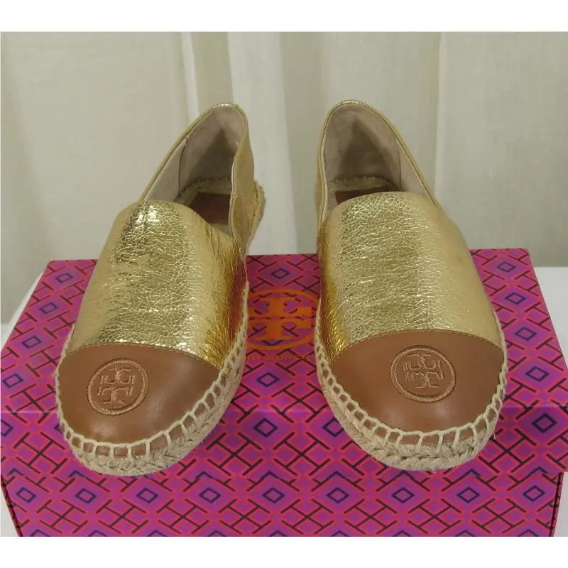 Tory Burch shoes - Colorblock Logo Slip-On Leather Espadrille Flat - 51158648 - Gold/Royal Tan, Manufacturer: Gold/Royal Tan (UPC: 888736907608) 4
