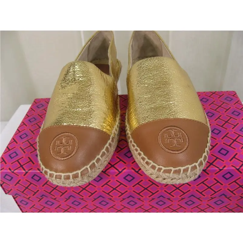 Tory Burch shoes - Colorblock Logo Slip-On Leather Espadrille Flat - 51158648 - Gold/Royal Tan, Manufacturer: Gold/Royal Tan (UPC: 888736907608) 5