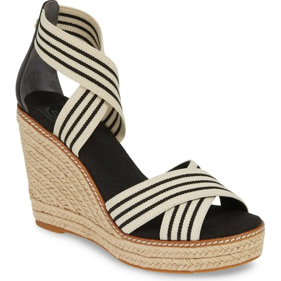 Tory Burch shoes - Frieda Elastic/Leather Espadrille Platform Wedge - 53734 - Black & White Stripe/Black, Manufacturer: Black & White Stripe/Black (UPC: 192485116700) 0