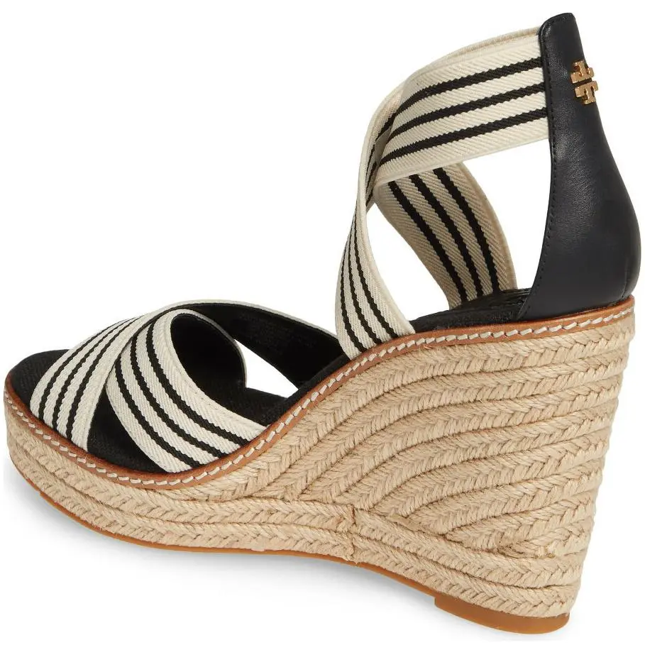 Tory Burch shoes - Frieda Elastic/Leather Espadrille Platform Wedge - 53734 - Black & White Stripe/Black, Manufacturer: Black & White Stripe/Black (UPC: 192485116700) 1