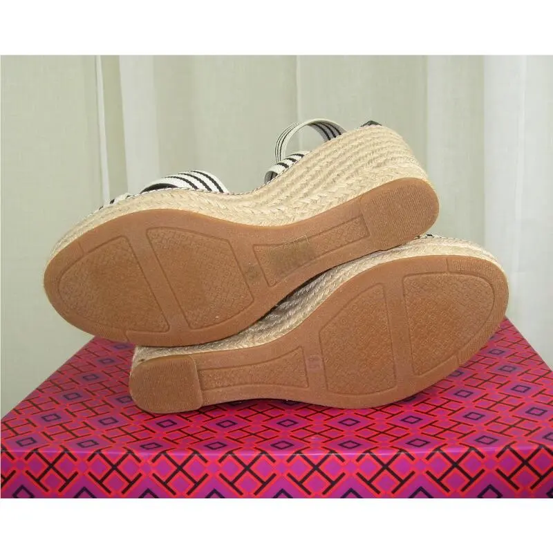Tory Burch shoes - Frieda Elastic/Leather Espadrille Platform Wedge - 53734 - Black & White Stripe/Black, Manufacturer: Black & White Stripe/Black (UPC: 192485116700) 8
