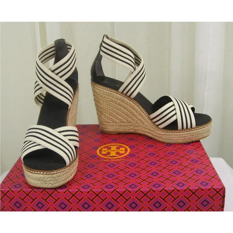 Tory Burch shoes - Frieda Elastic/Leather Espadrille Platform Wedge - 53734 - Black & White Stripe/Black, Manufacturer: Black & White Stripe/Black (UPC: 192485116700) 2