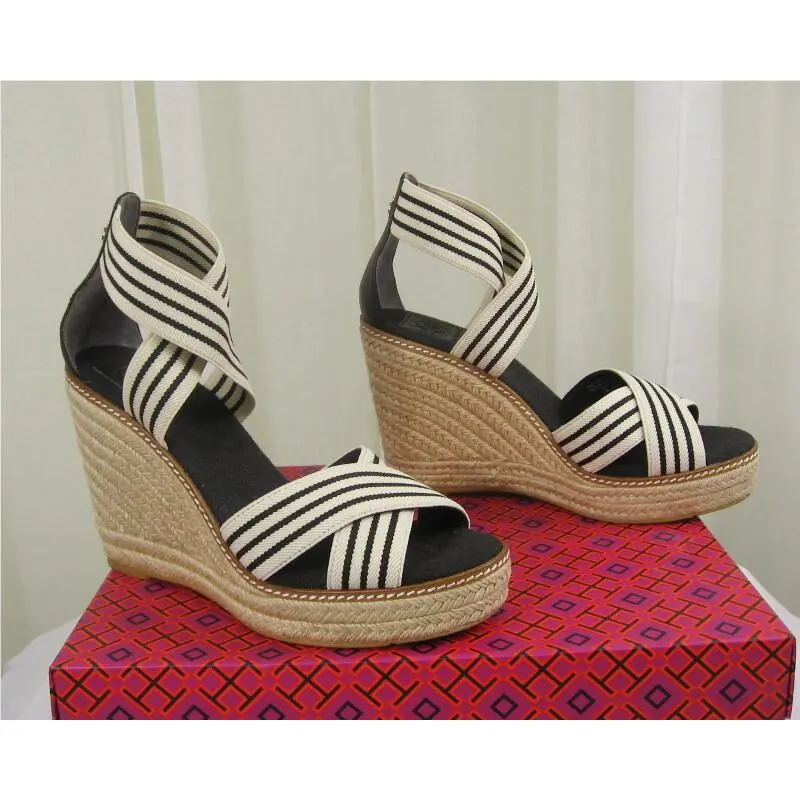 Tory Burch shoes - Frieda Elastic/Leather Espadrille Platform Wedge - 53734 - Black & White Stripe/Black, Manufacturer: Black & White Stripe/Black (UPC: 192485116700) 3