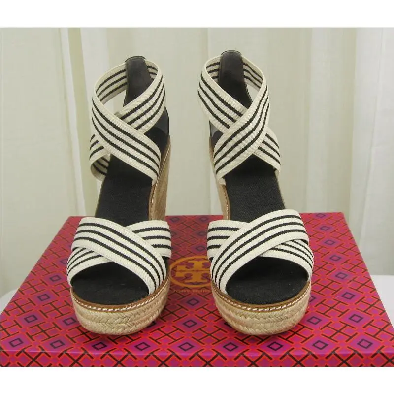 Tory Burch shoes - Frieda Elastic/Leather Espadrille Platform Wedge - 53734 - Black & White Stripe/Black, Manufacturer: Black & White Stripe/Black (UPC: 192485116700) 4