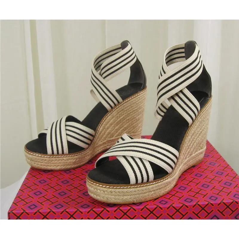 Tory Burch shoes - Frieda Elastic/Leather Espadrille Platform Wedge - 53734 - Black & White Stripe/Black, Manufacturer: Black & White Stripe/Black (UPC: 192485116700) 5