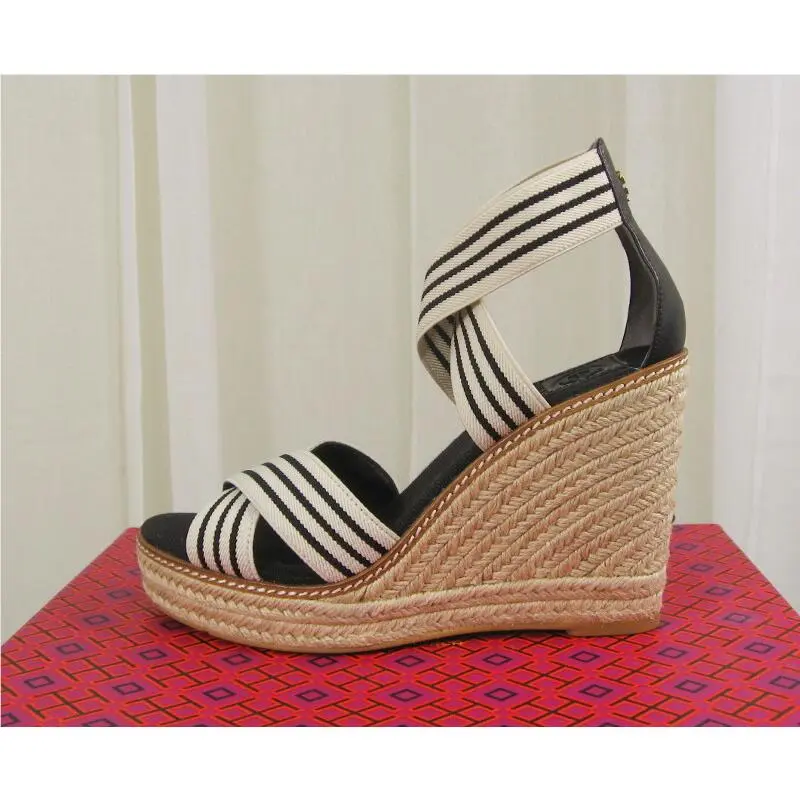 Tory Burch shoes - Frieda Elastic/Leather Espadrille Platform Wedge - 53734 - Black & White Stripe/Black, Manufacturer: Black & White Stripe/Black (UPC: 192485116700) 6