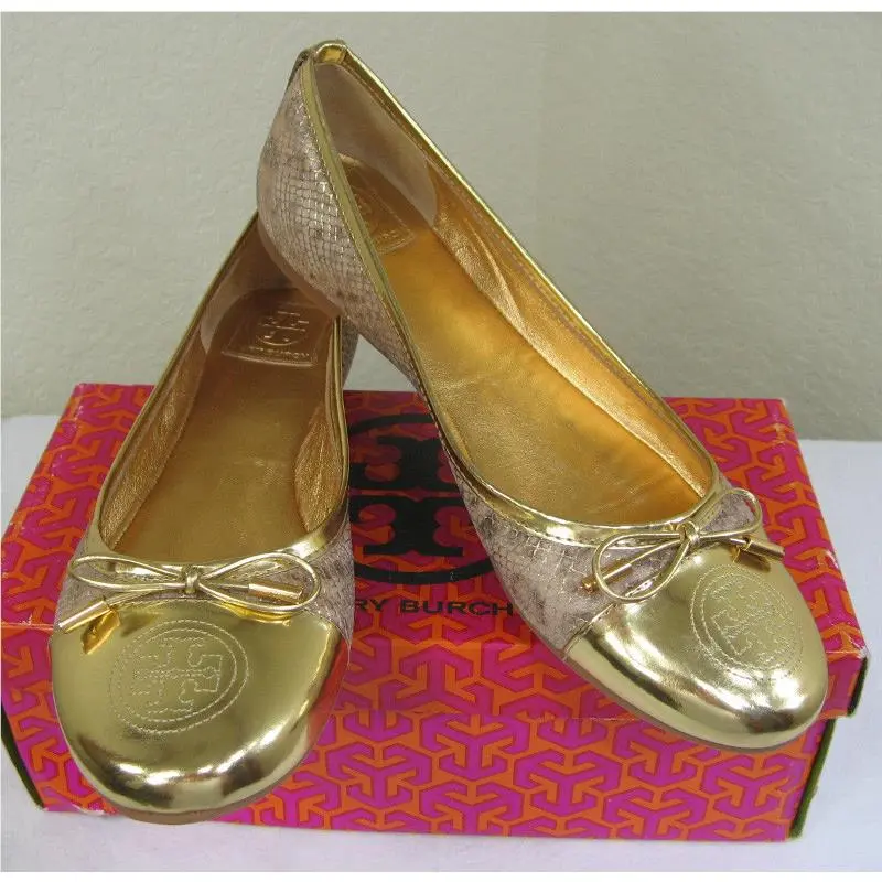 Tory Burch shoes - Verbena Cap Toe Bow Metallic Snake Ballet Flat - 21108699 - Gold, Manufacturer: gold (UPC: 885427182849) 1
