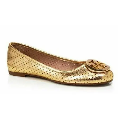 Tory Burch Women`s Reva Perforated Metallic Logo Ballet Flats Gold Size 5.5 M - Gold