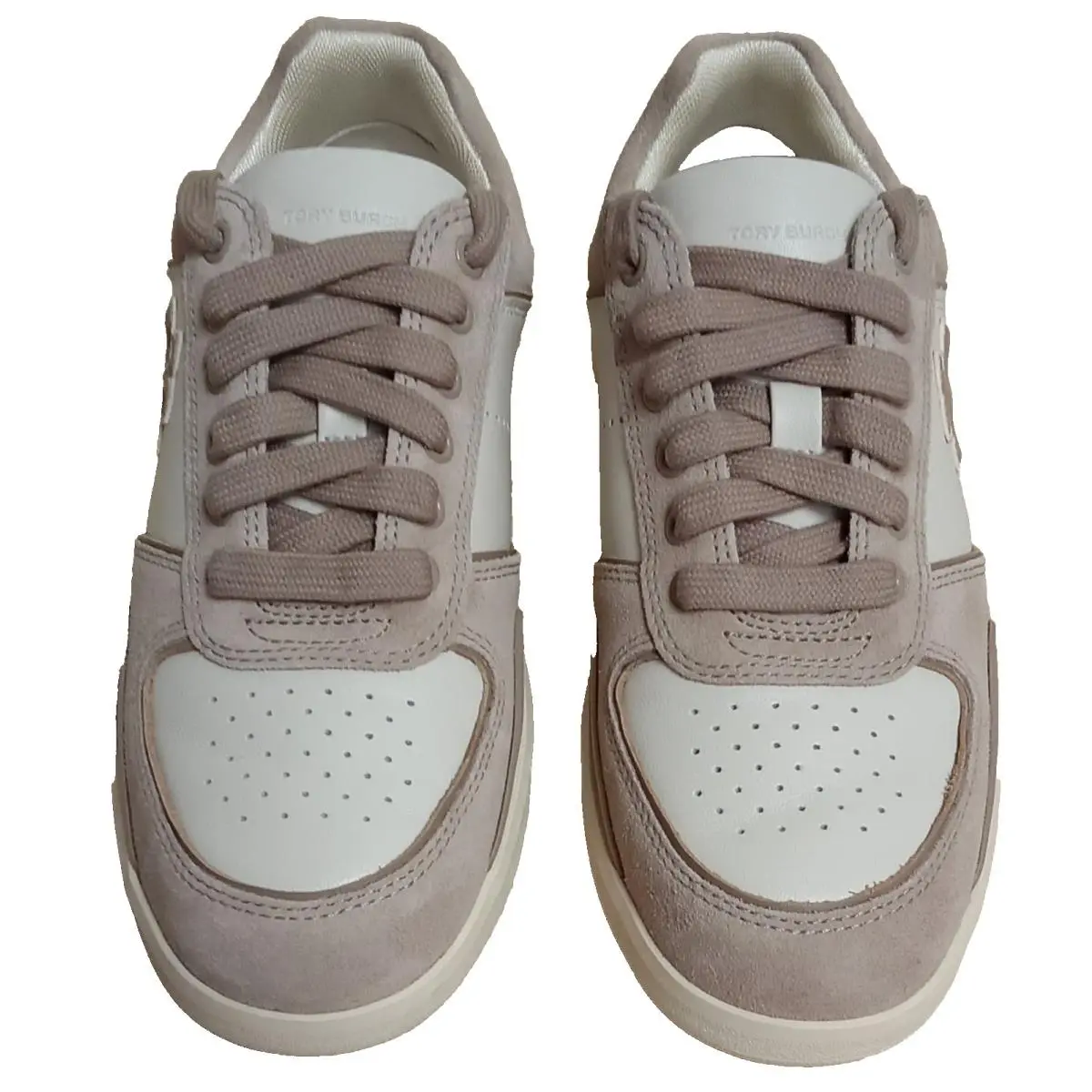 Tory Burch Women`s Clover Court Sneakers White and Tan with Logo Size 6.5 - White