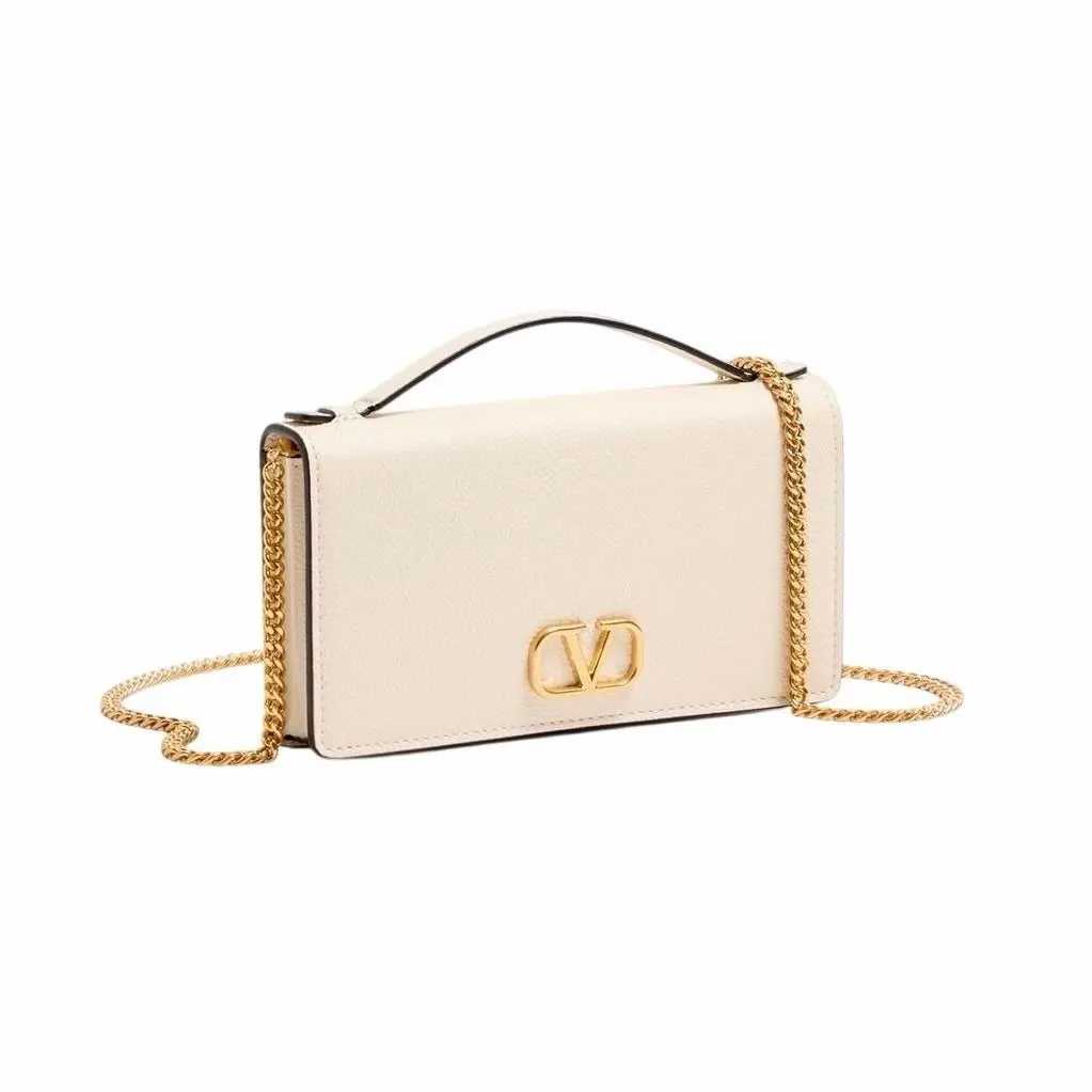 Valentino Garavani Vlogo Signature Grainy Calfskin Wallet W/chain in Ivory