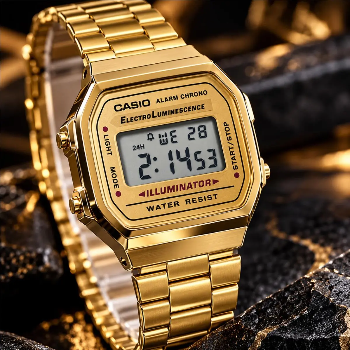 Casio A168 Gold Tone Digital Watch Retro Vintage Unisex Alarm Chrono Illuminator