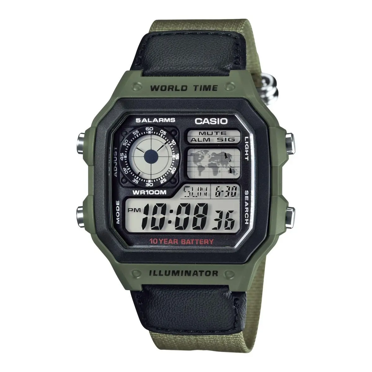 Men’s Digital World Time Watch with Black Dial and Green Band by Casio