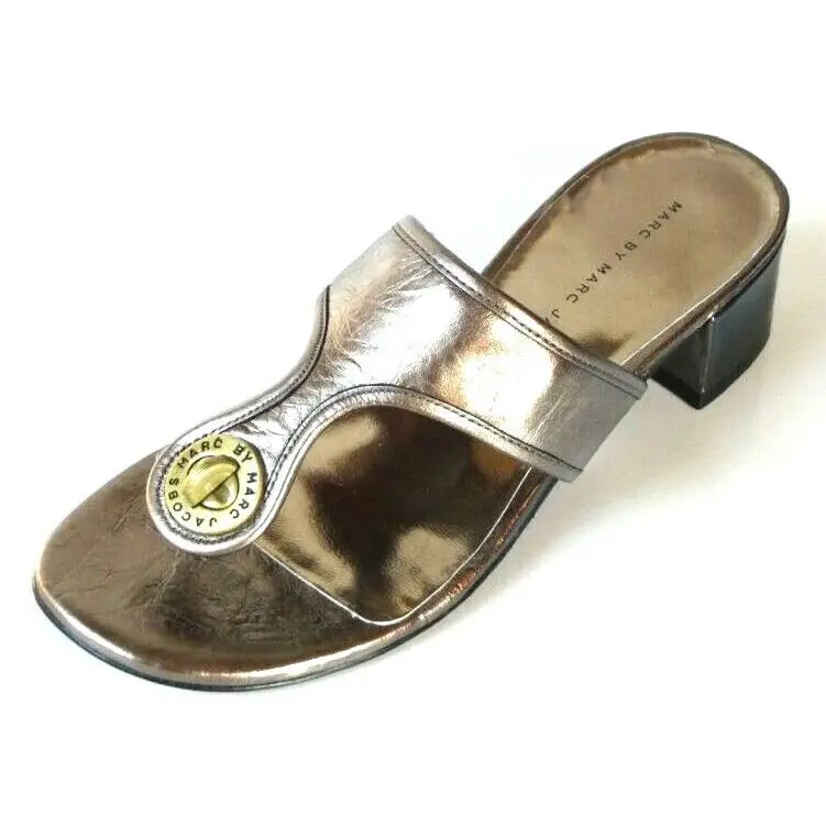 Gray Gunmetal Leather Slides Turnlock Logo Block Heel Mules Shoes by Marc Jacobs