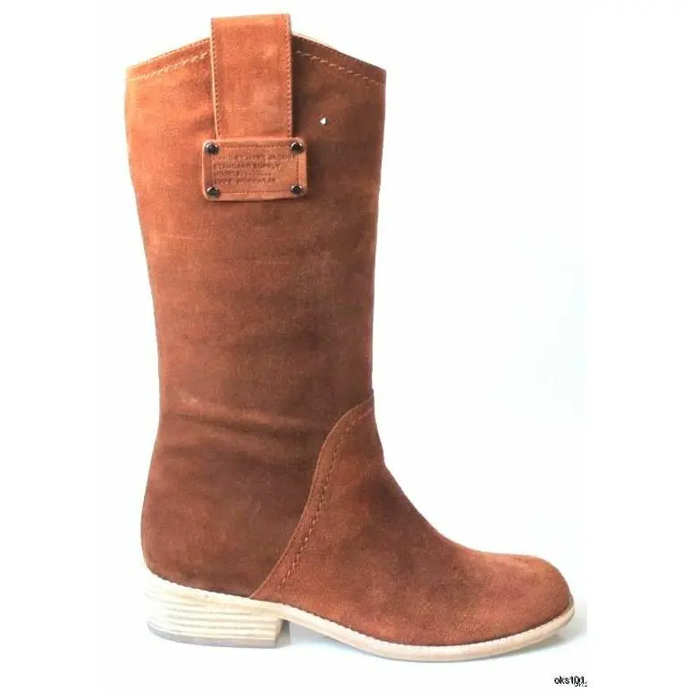 Cognac Brown Suede ID Logo Biker Riding Flat Boots - Great Style by Marc Jacobs