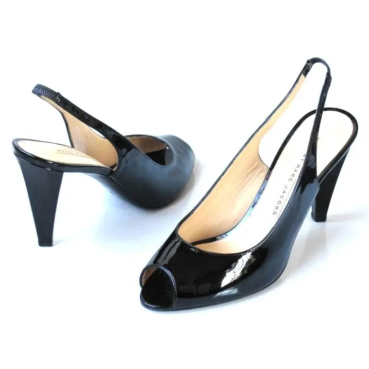 Black Patent Leather Size US 8.5 8 Slingback Heels Shoes Italy 38.5 by Marc Jacobs