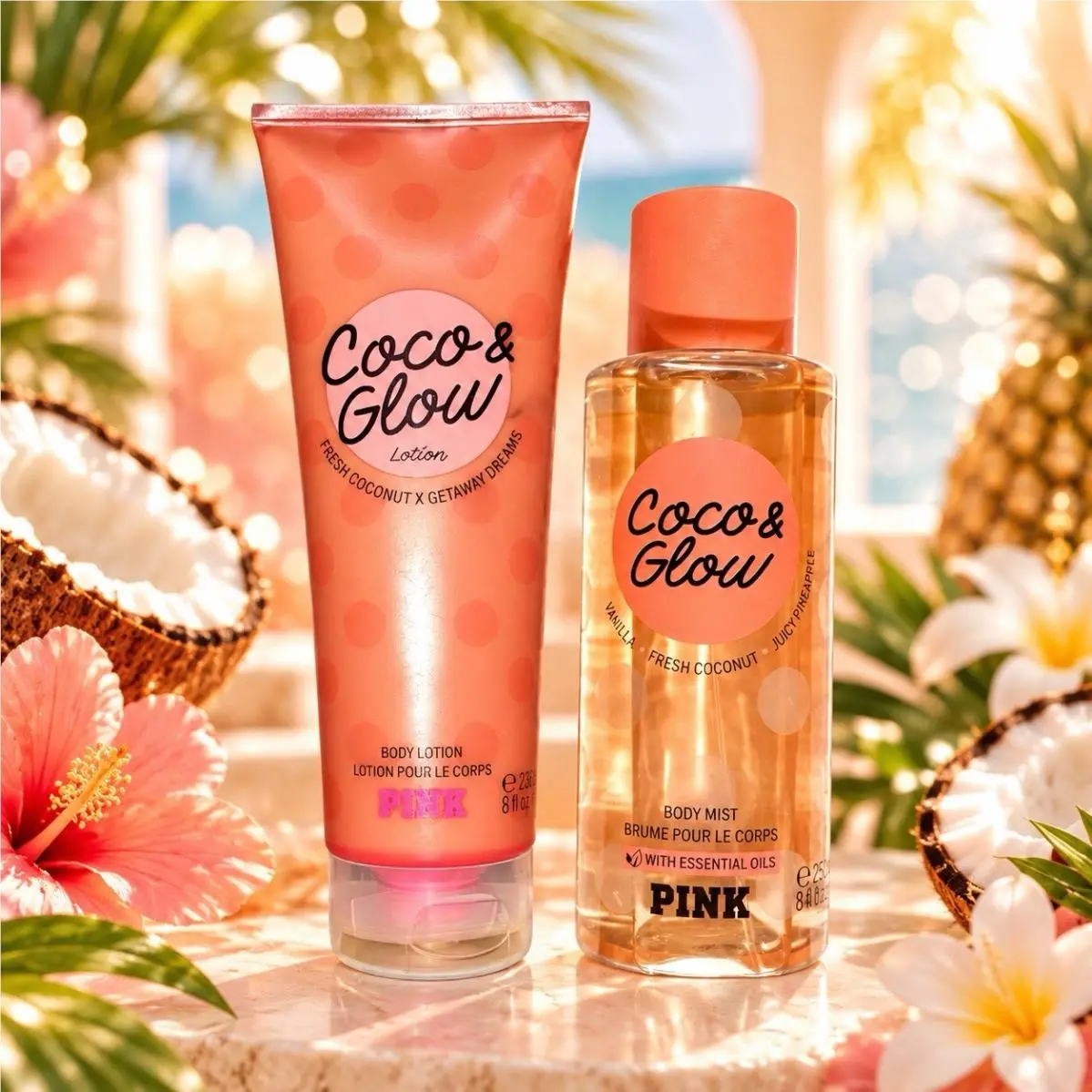 Victoria’s Secret Pink Coco Glow Fragrance Mist Spray Lotion Set- / Htf