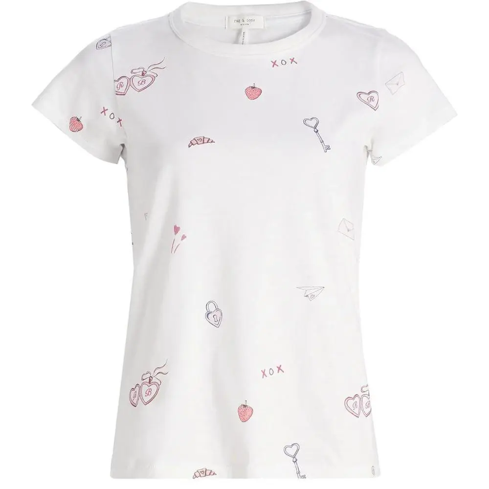 Rag Bone Womens White Multi Short Sleeve Crew Neck All Over Valentines Tee by Rag & Bone