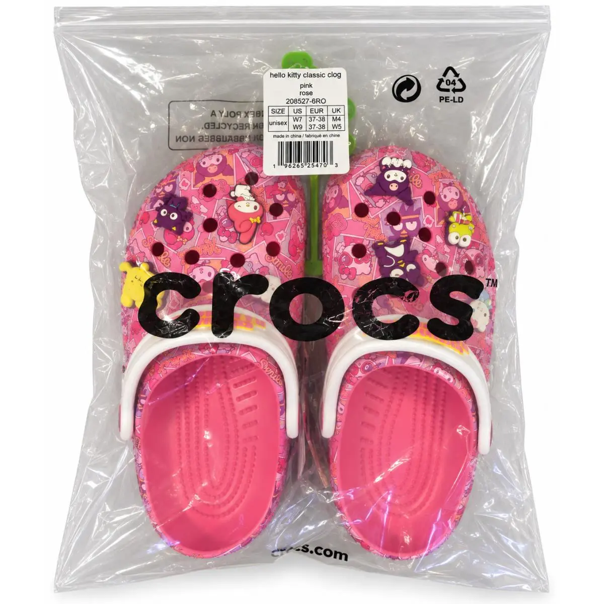 Crocs Hello Kitty Friends Classic Clog Pink Manga Print Women`s 7 with Bag