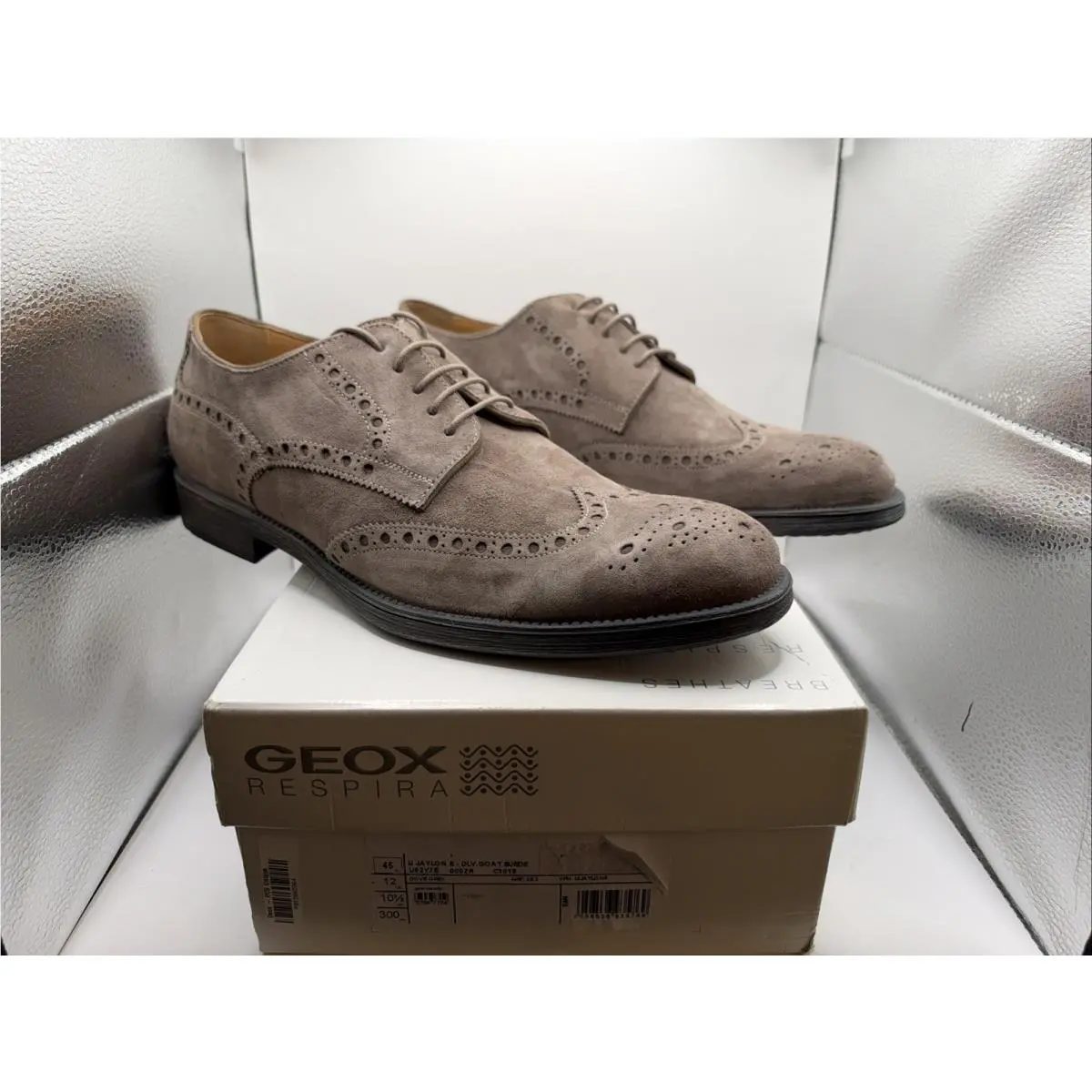 Geox Men`s Jaylon Goat Suede Dove Grey Wingtip Tan Dress Shoe Size 45 EUR/12 US
