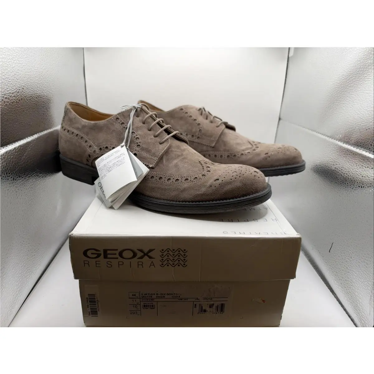 Geox Men`s Jaylon Goat Suede Dove Grey Wingtip Tan Dress Shoe Size 44 EUR/11 US