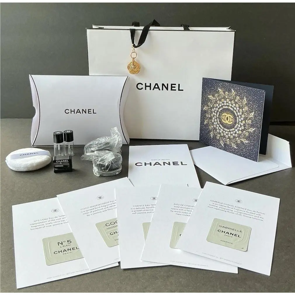 Chanel Beauty Gift Lot Bag Charm Box Perfume Samples Puff Sharpener Card Set
